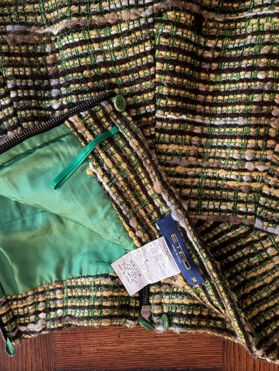 Etro Green Tweed Circle Skirt with Brown Side Panels - Picture 7 of 12